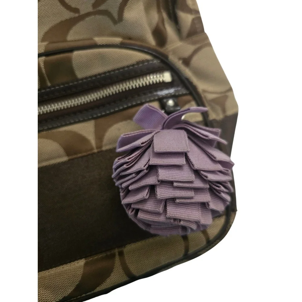 Coach Vintage Y2K Signature Jacquard Canvas Backpack Brown Tan Purple Pom Detail